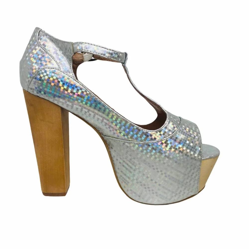Y2K Jeffrey Campbell Platform Foxy Wood Holographic Heels